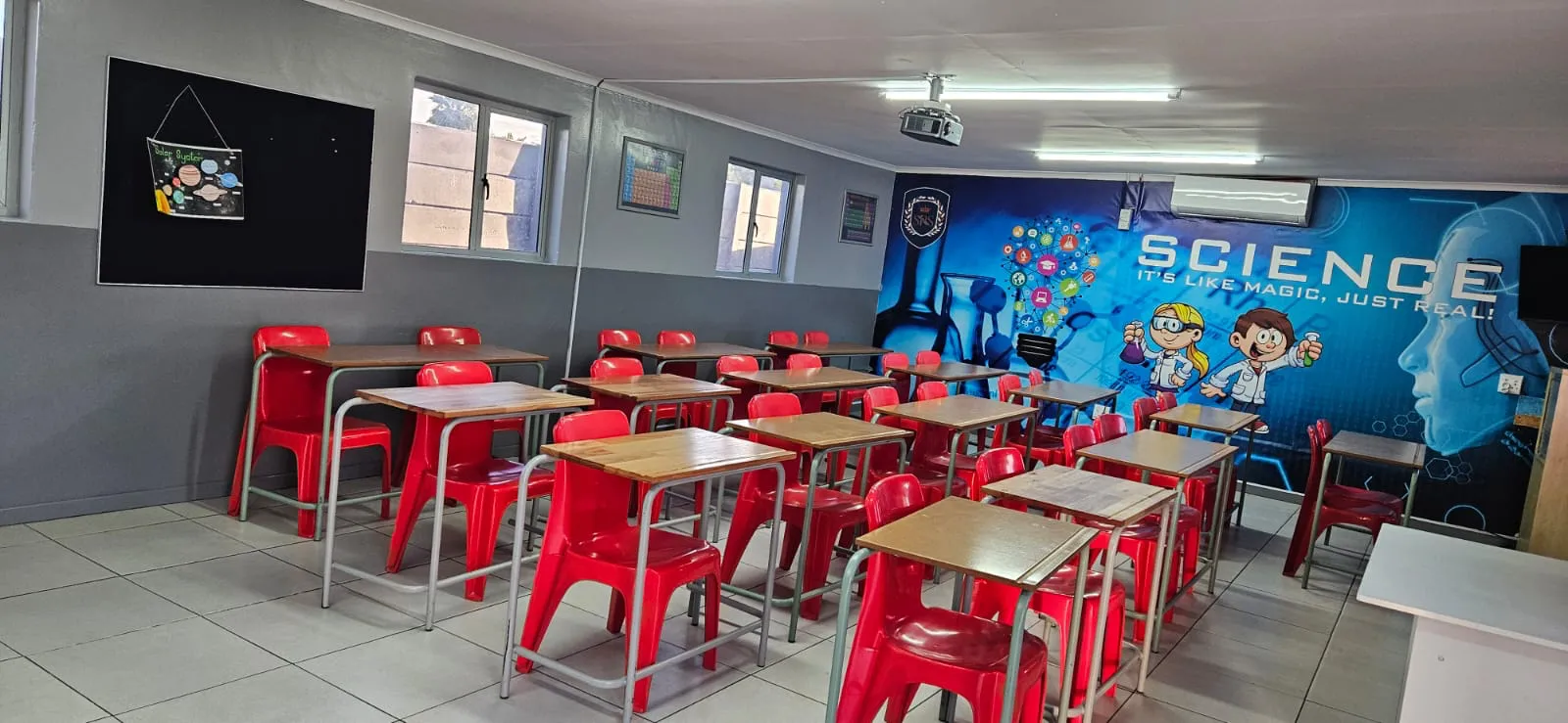 Soneike Physical Science classroom with the school crest mural